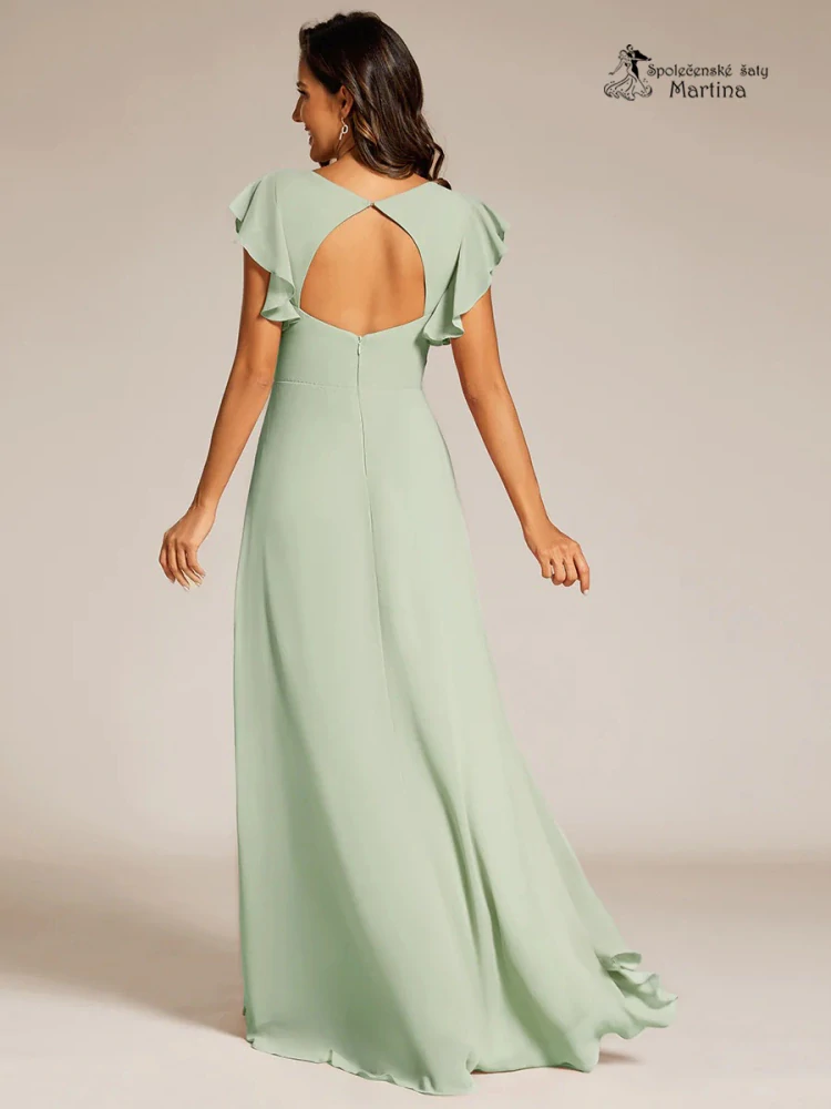 Dlouhé asymetrické mintové šaty s volánovými rukávy "Alexina"