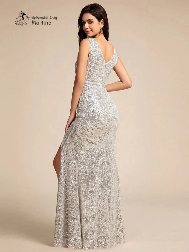 Champagne flitrové šaty s vysokým rozparkem "Lois"