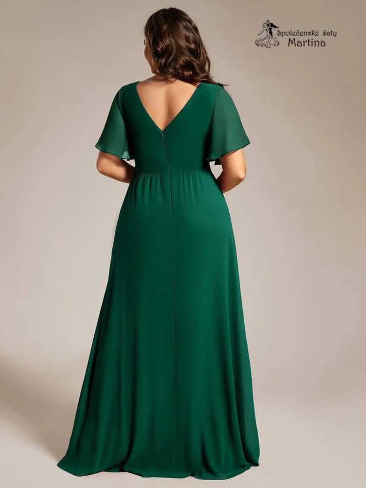 Elegantní tmavě zelené plus size společenské šaty s volnějším krátkým rukávem "Janine"