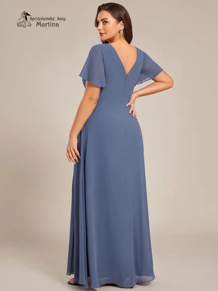 Elegantní staromodré plus size společenské šaty s volnějším krátkým rukávem "Janine"