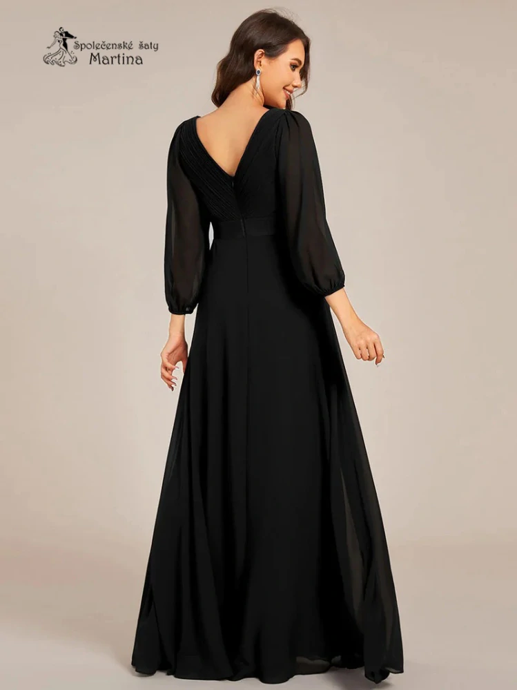 Dlouhé černé šifonové společenské šaty “Camelia” s 3/4 rukávem