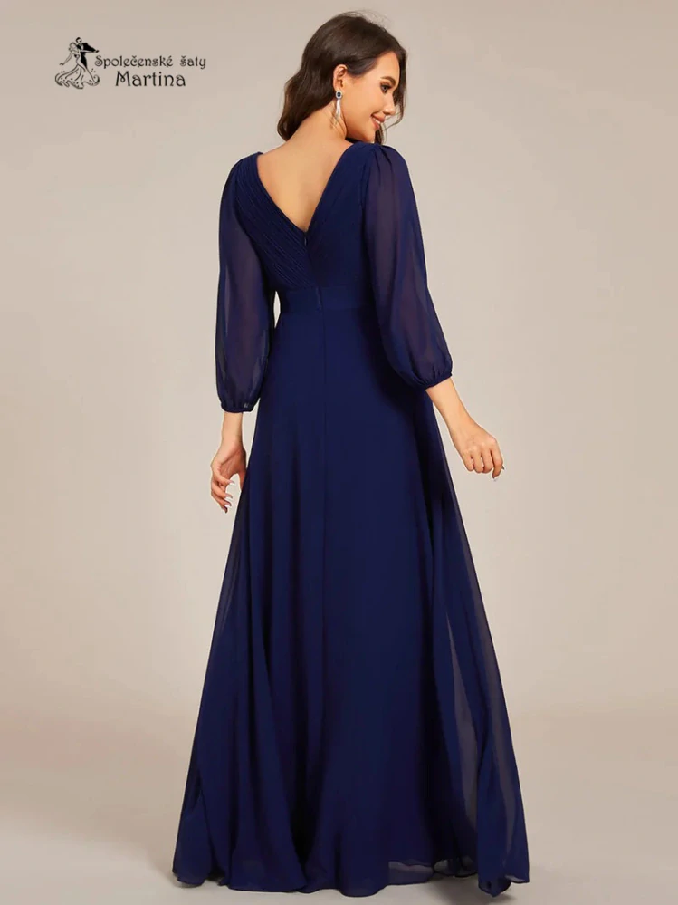 Dlouhé tmavě modré šifonové společenské šaty “Camelia” s 3/4 rukávem - vel. 36