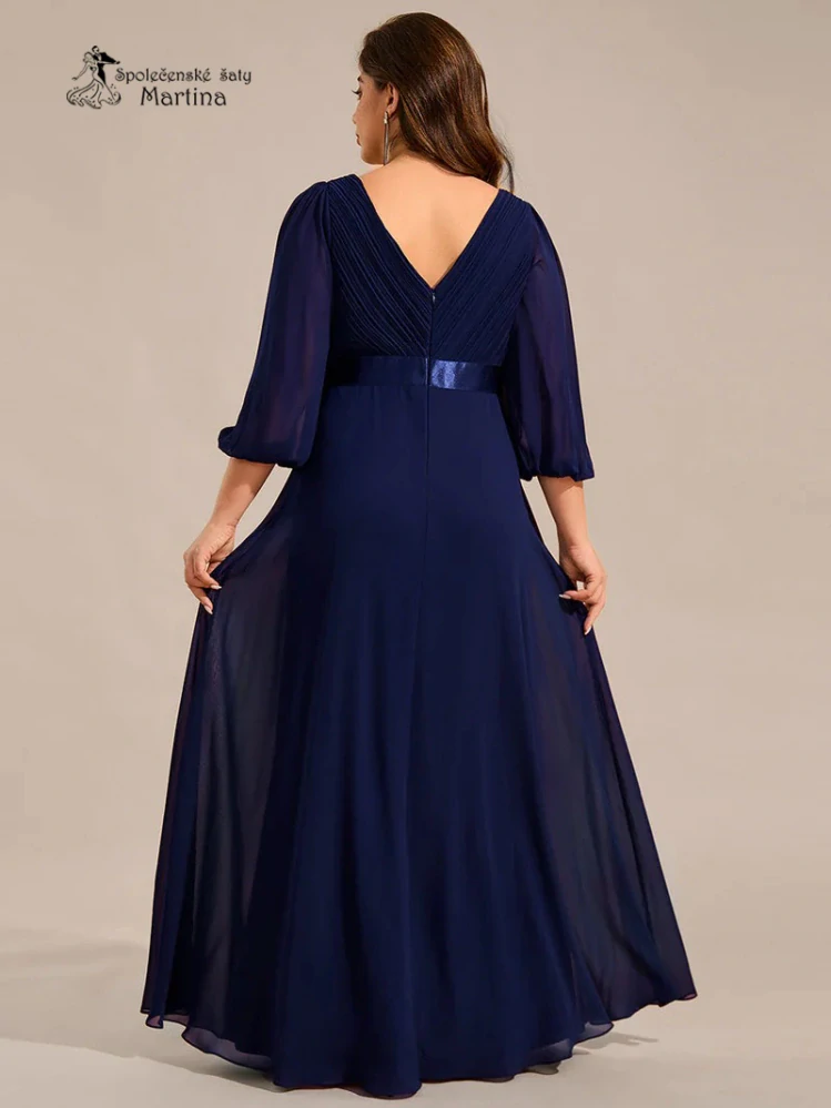 Dlouhé tmavě modré šifonové společenské šaty “Camelia” s 3/4 rukávem - vel. 52