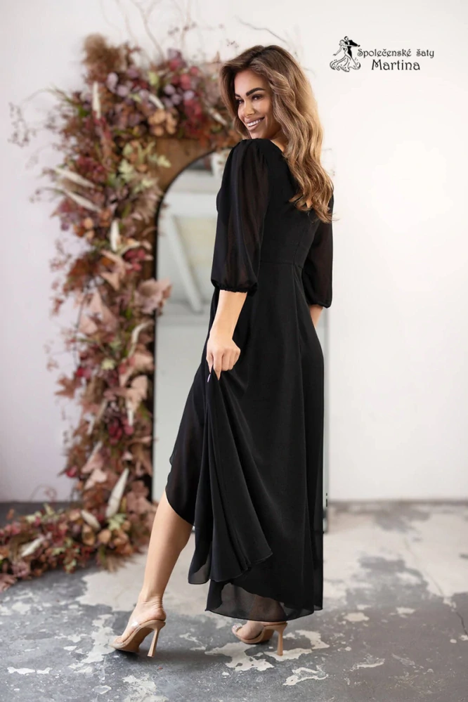 Černé dlouhé asymetrické šifonové šaty "Abigail" s ¾ rukávem - vel. 46
