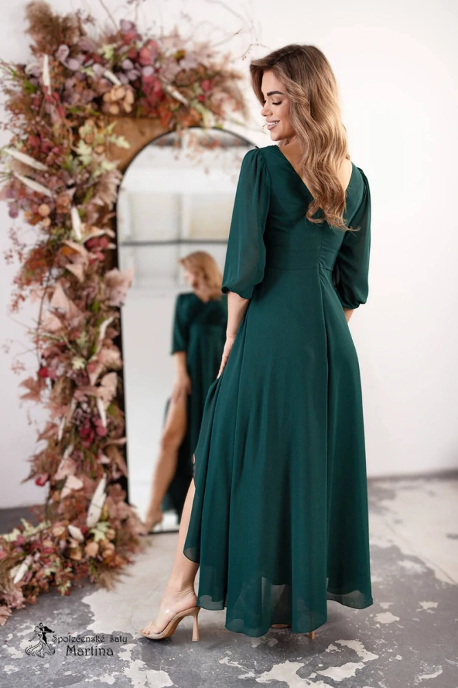 Lahvově zelené dlouhé asymetrické šifonové šaty "Abigail" s ¾ rukávem - vel. 50
