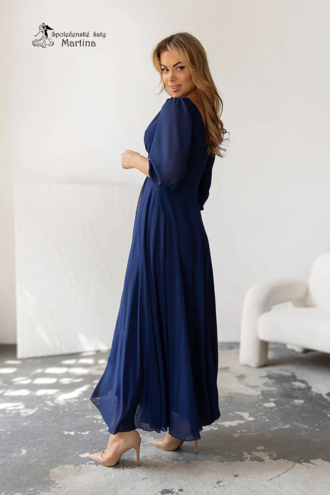 Tmavě modré dlouhé asymetrické šifonové šaty "Abigail" s ¾ rukávem - vel. 40