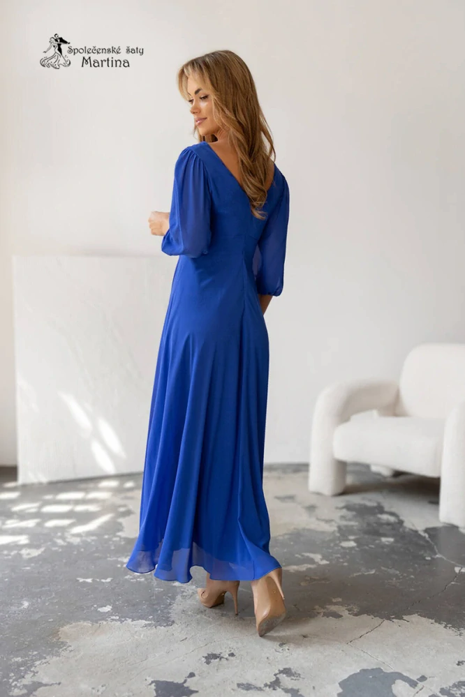 Královsky modré dlouhé asymetrické šifonové šaty "Abigail" s ¾ rukávem - vel. 36
