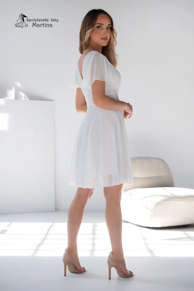 Krátké ecru šifonové šaty do tanečních s krátkým rukávkem "Sabrinna"