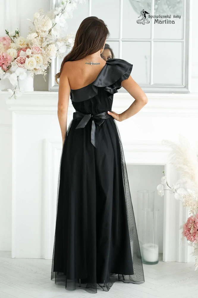Černé dlouhé tylové šaty na jedno rameno "Lexine" - vel. 34