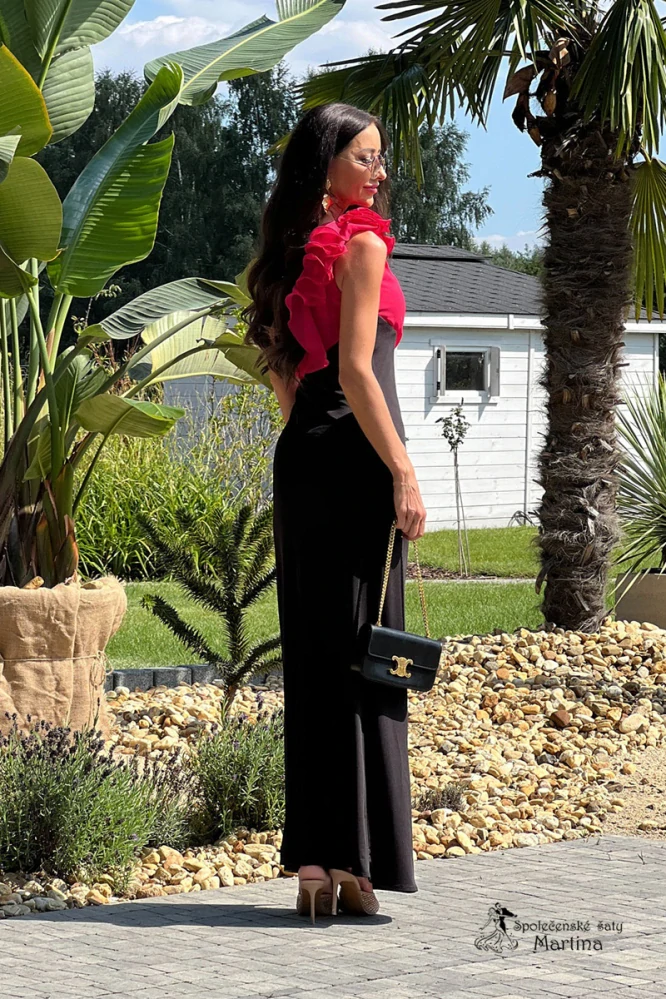 Dlouhé bodycon černo-malinové šaty "Alaia" na jedno rameno