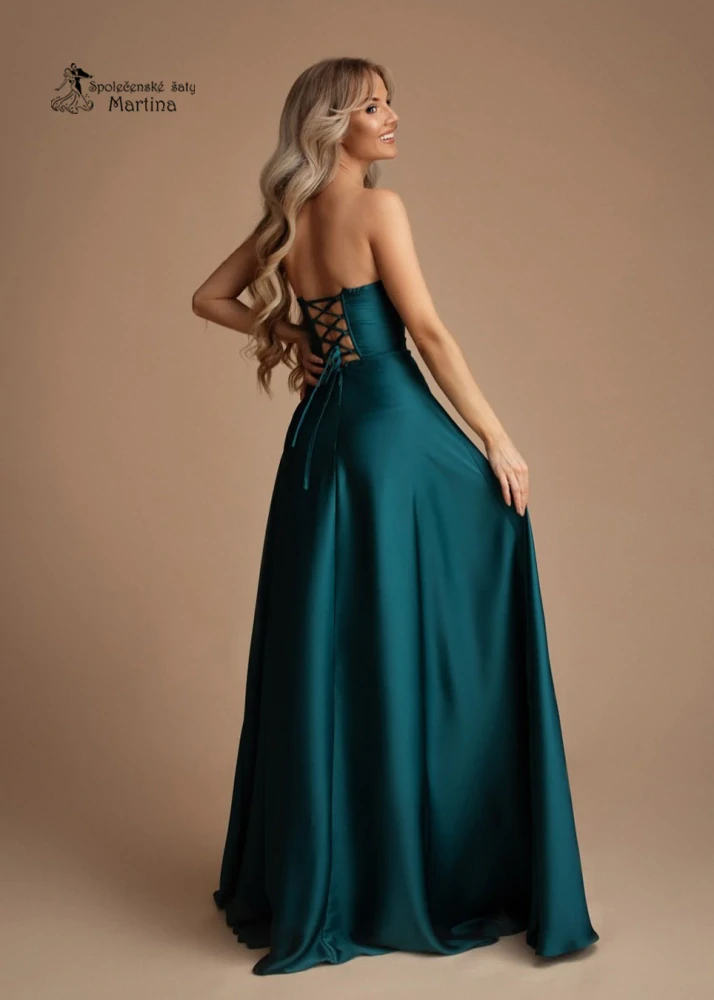 Petrolejové maturitní či plesové saténové korzetové šaty "Emma"