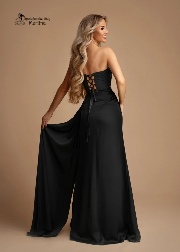 Černé saténové společenské šaty "Clara" s rozparkem