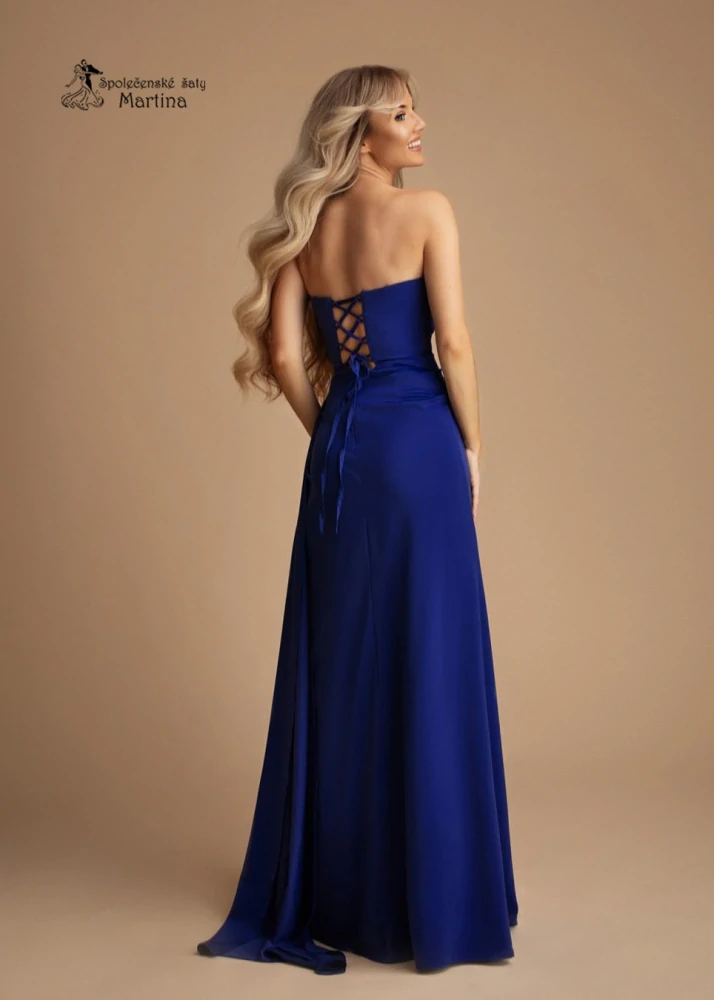 Královsky modré saténové společenské šaty "Clara" s rozparkem - vel. M