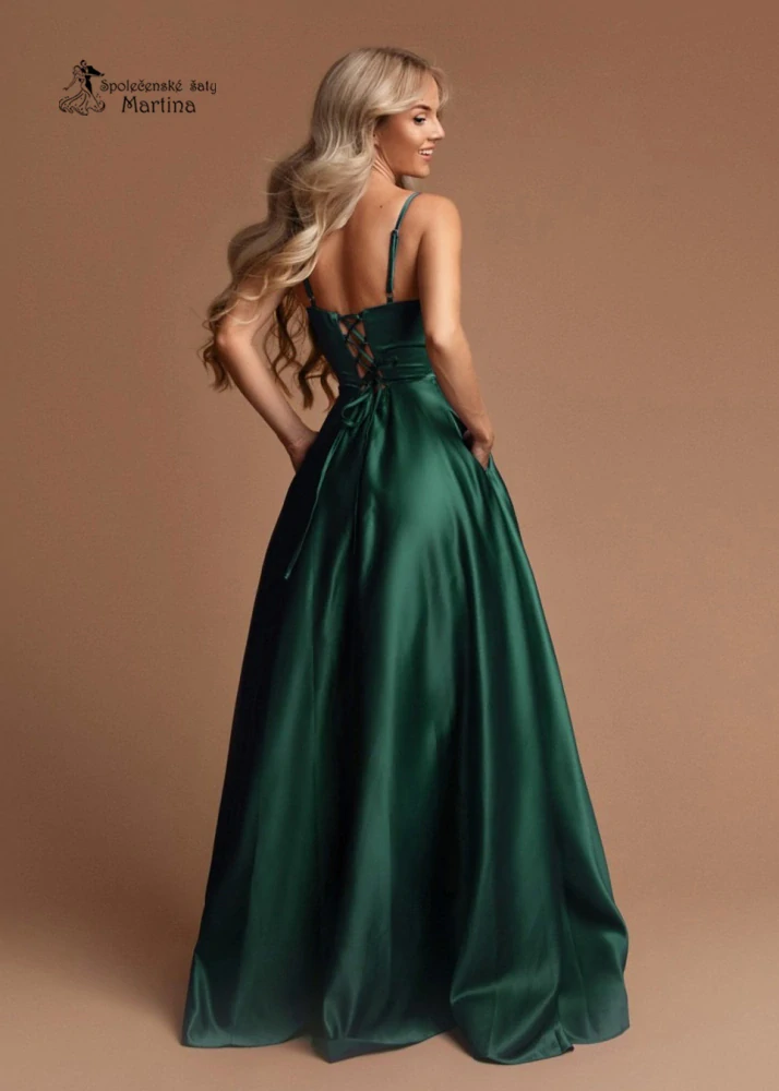 Lahvově zelené saténové maturitní šaty "Helen" s kapsami - vel. L