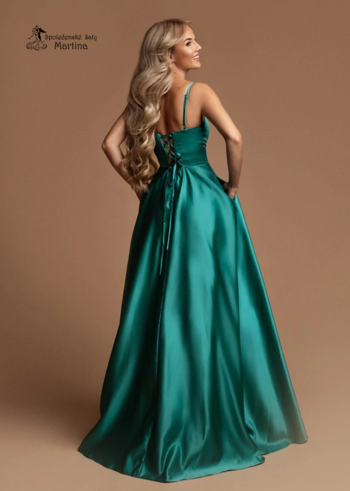 Tyrkysové saténové maturitní šaty "Helen" s kapsami - vel. M