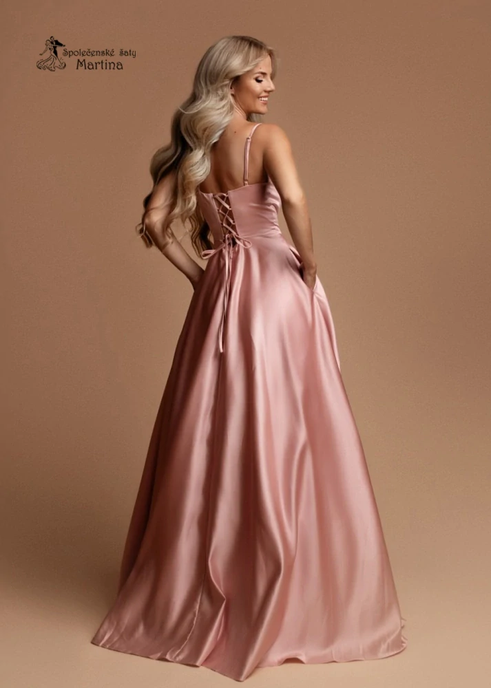 Růžové saténové maturitní šaty "Helen" s kapsami