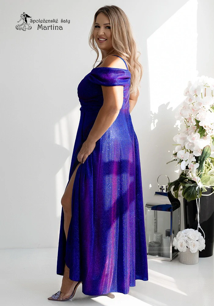 Dlouhé modro-amarantové brokátové společenské šaty "Valentina" se spadenými rukávy - vel. 50