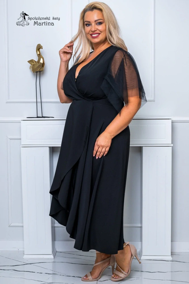 Černé midi společenské šaty "Elena" s efektním překládaným výstřihem a motýlími rukávy - vel. 50