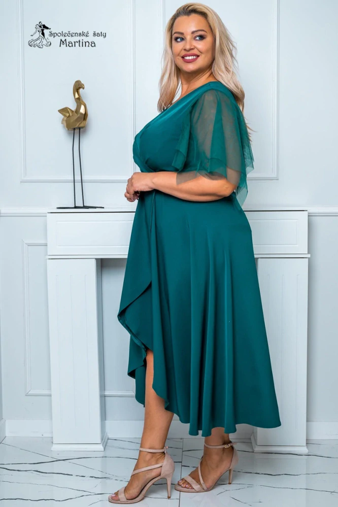 Zelené midi společenské šaty "Elena" s efektním překládaným výstřihem a motýlími rukávy