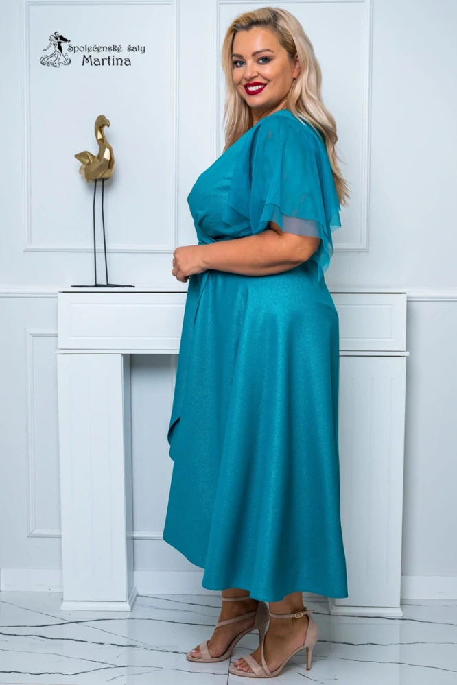 Azurové třpytivé midi společenské šaty "Elena" s efektním překládaným výstřihem a motýlími rukávy