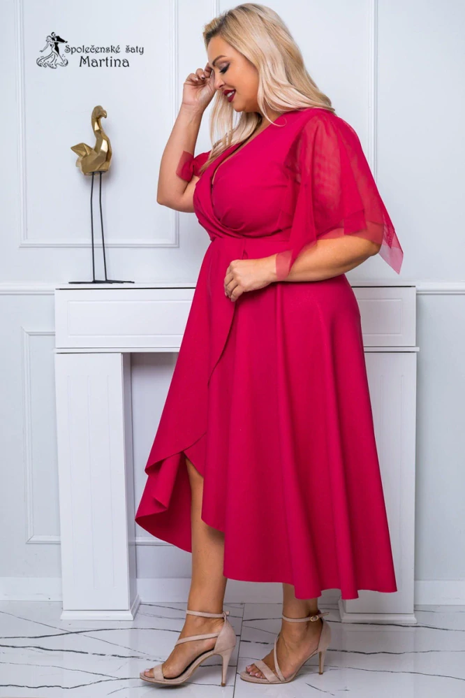 Malinové třpytivé midi společenské šaty "Elena" s efektním překládaným výstřihem a motýlími rukávy  