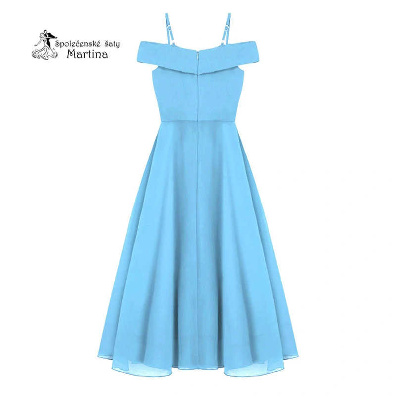 Světle modré dlouhé dívčí šaty se spadenými ramínky "Nelinka"