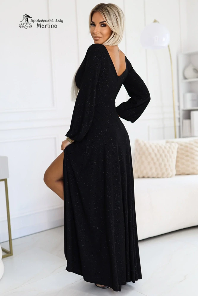 Černé brokátové dlouhé společenské šaty "Nela" s dlouhými rukávy  
