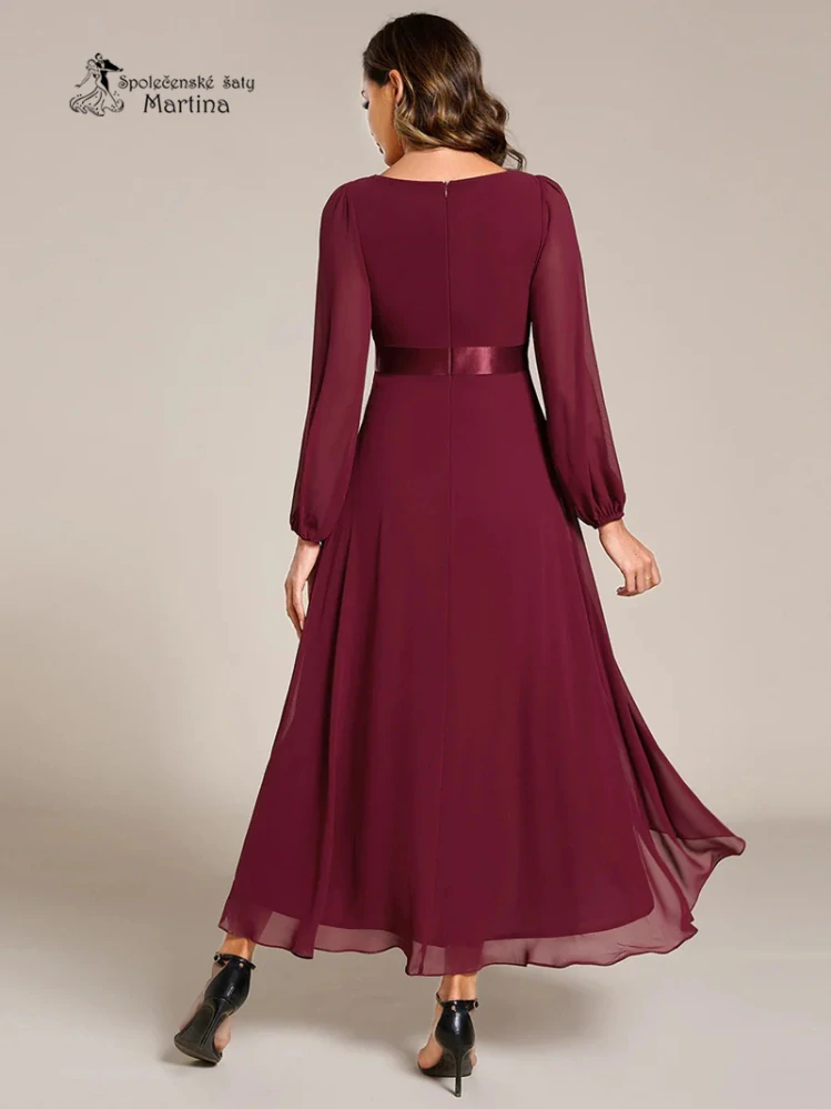 Vínové midi asymetrické šifonové společenské šaty "Angela" s rukávy