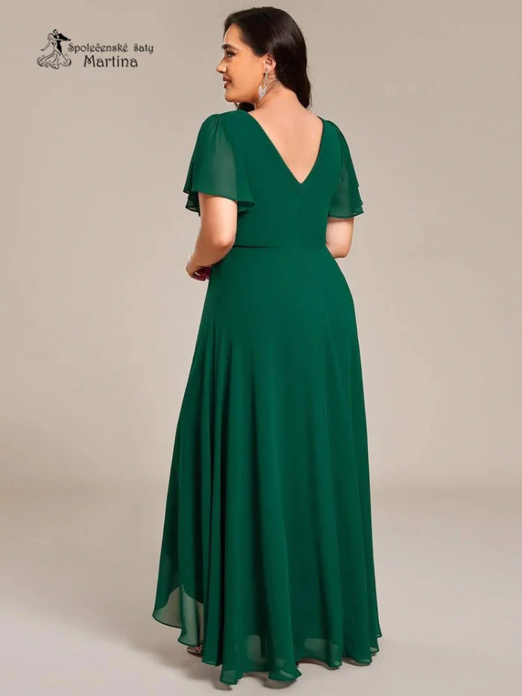 Mírně asymetrické XXL tmavě zelené šaty s motýlími rukávy a ozdobným páskem "Ellie"