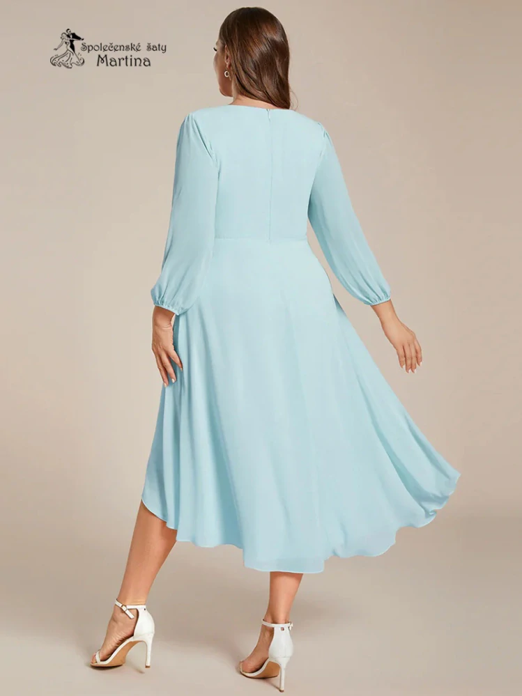 Světle modré midi asymetrické šifonové šaty s 3/4 rukávem "Hirah" - vel. 50