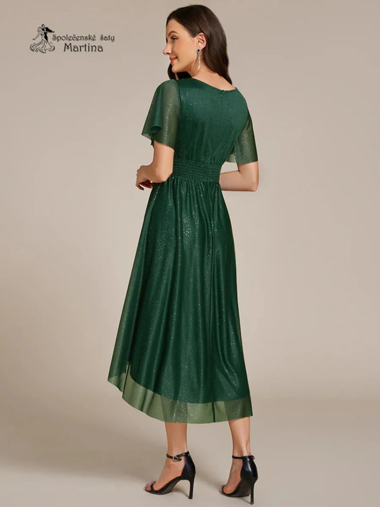 Lahvově zelené krátké midi jemně třpytivé šaty "Joel" s lodičkovým výstřihem