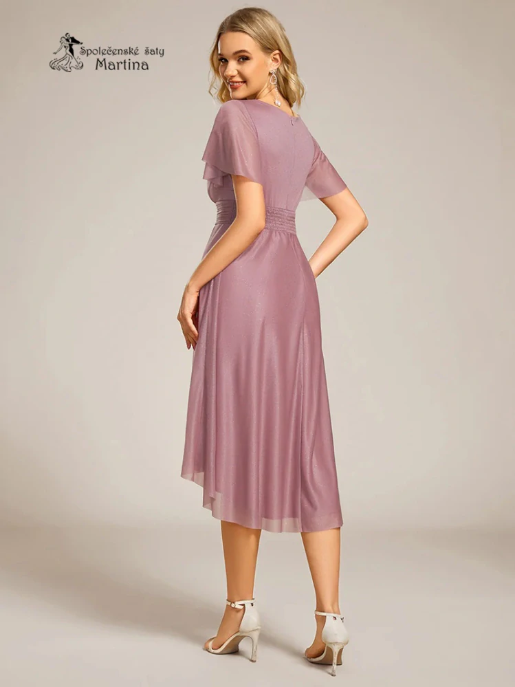 Starorůžové krátké midi jemně třpytivé šaty "Joel" s lodičkovým výstřihem