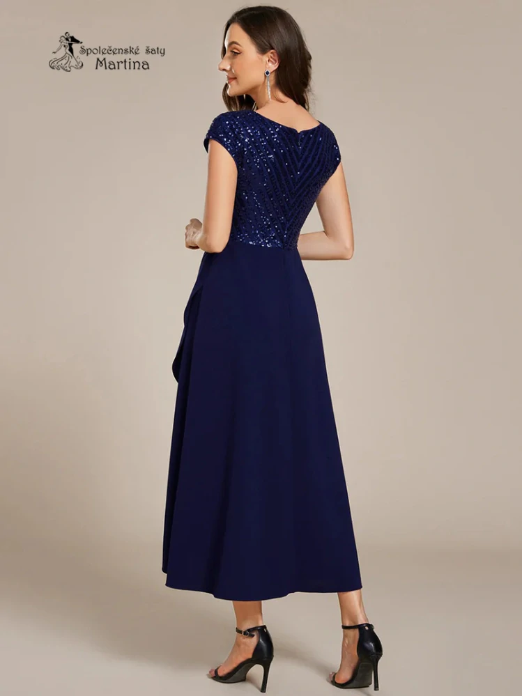 Tmavě modré midi společenské šaty "Cora" se zdobeným živůtkem