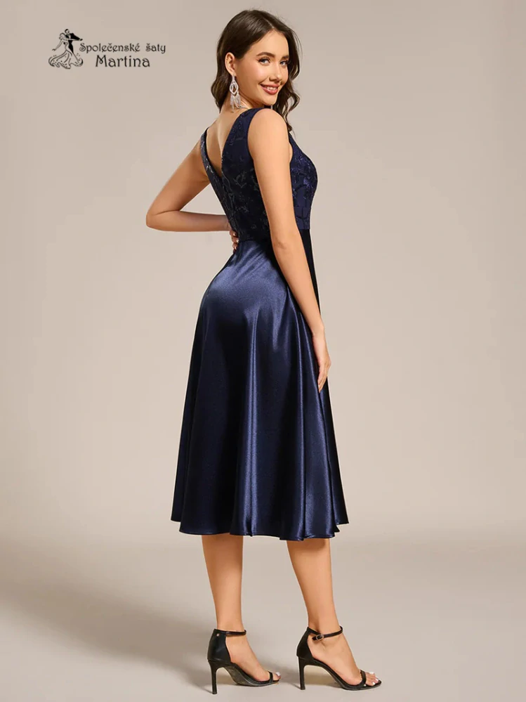 Tmavě modré midi společenské šaty "Basmath" s pevnou saténovou sukní a zdobeným živůtkem