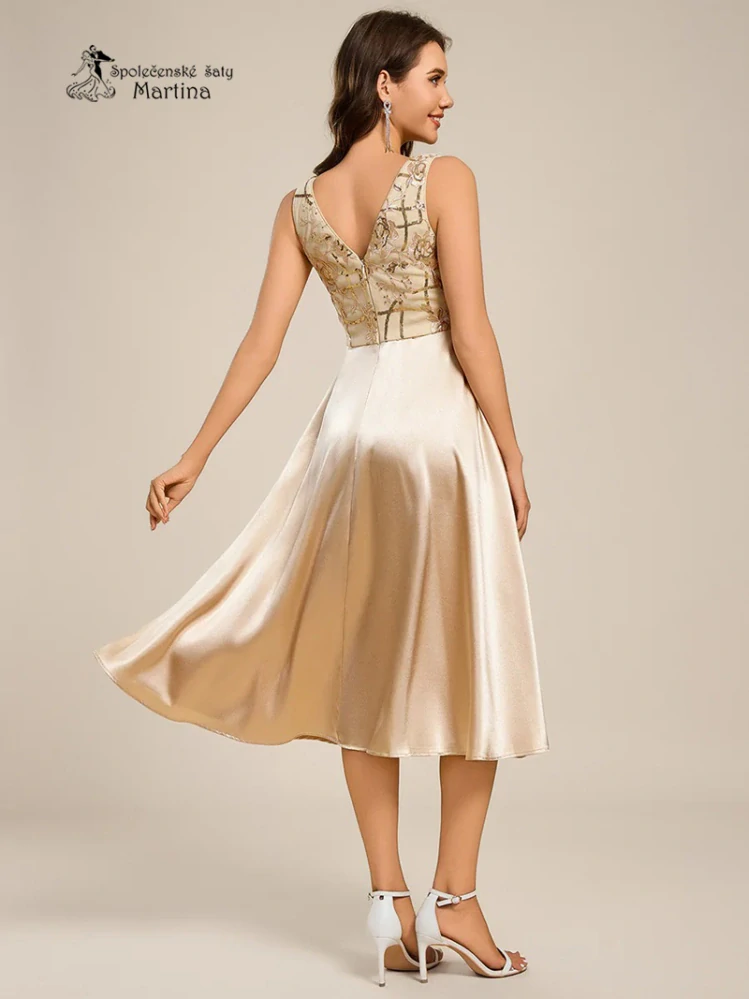Champagne midi společenské šaty "Basmath" s pevnou saténovou sukní a zdobeným živůtkem