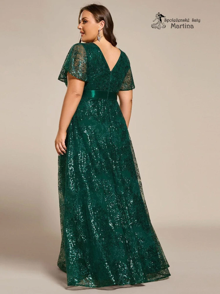 XXL lahvově zelené dlouhé večerní plesové šaty "Jami" s krátkým volným rukávem