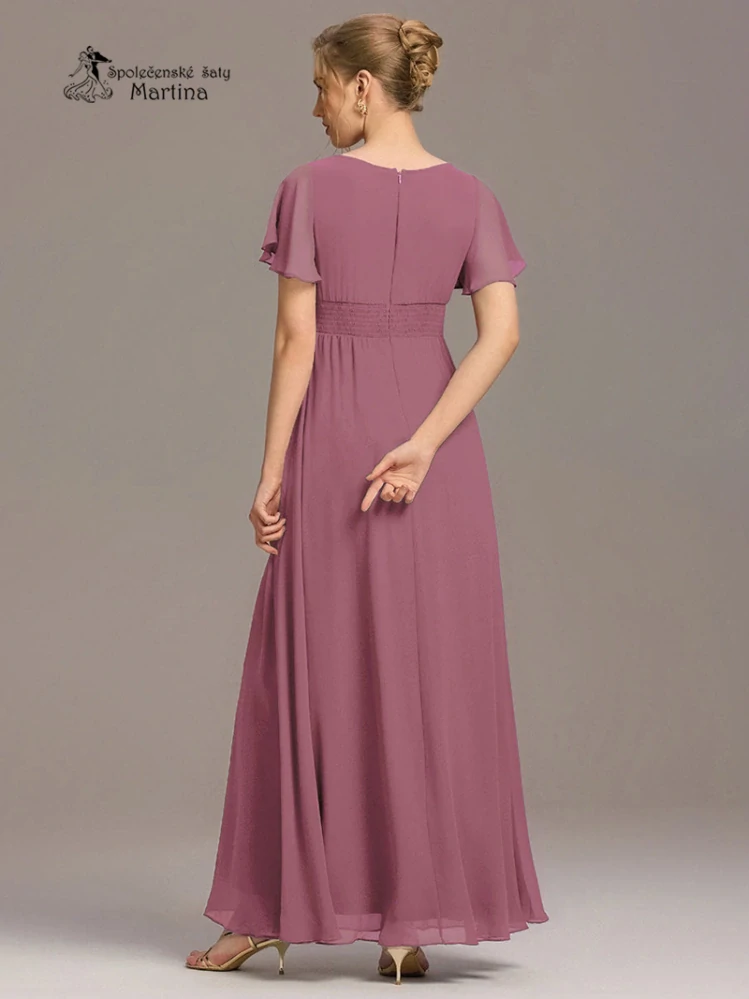 Starorůžové šifonové šaty s rukávkem a žabičkováním na zádech "Stela"