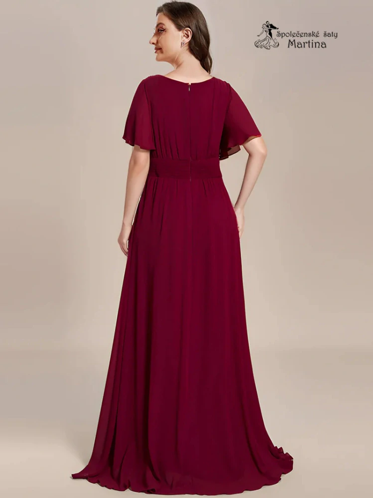 Vínové šifonové šaty s rukávkem a žabičkováním na zádech "Stela"
