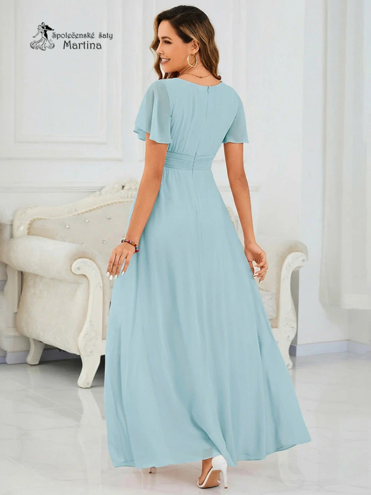 Světle modré šifonové šaty s rukávkem a žabičkováním na zádech "Stela"