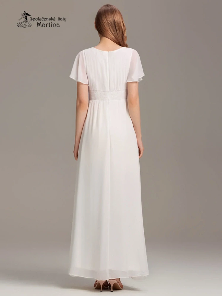 Bílé šifonové šaty s rukávkem a žabičkováním na zádech "Stela"
