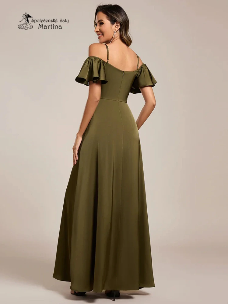Olivově zelené saténové šaty "Alba" se spadenými rukávy pro družičku či svatebního hosta