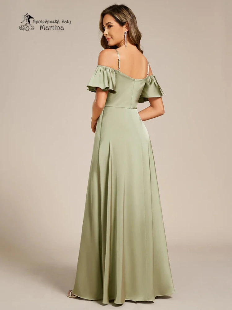 Sage green/šalvějově zelené saténové šaty "Alba" se spadenými rukávy pro družičku či svatebního hosta - vel. 36