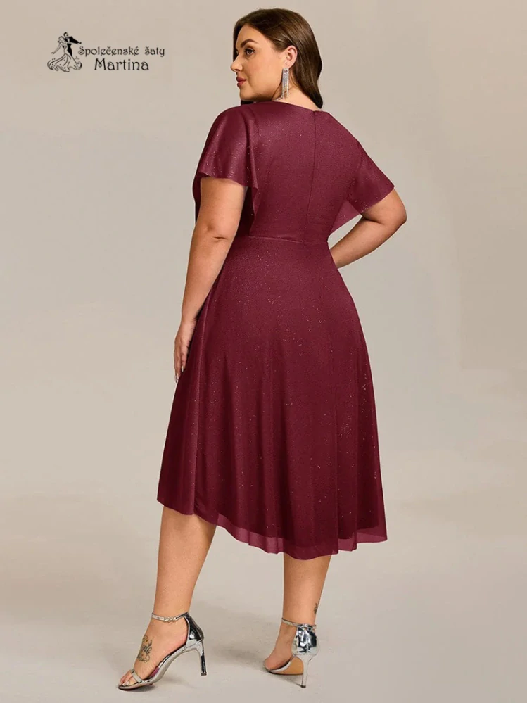 XXL vínové lehké, mírně asymetrické šaty "Bonita" s krátkými rukávy