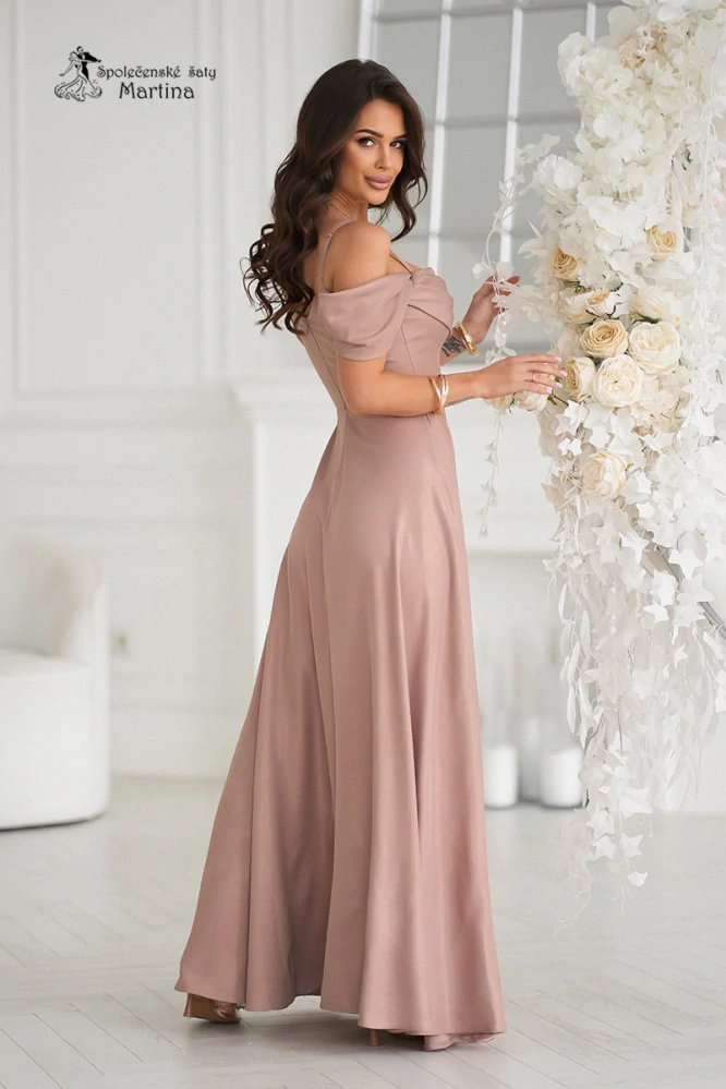 Cappuccino šaty "Sunny" se spadenými ramínky z jemně lesklého materiálu - vel. 36