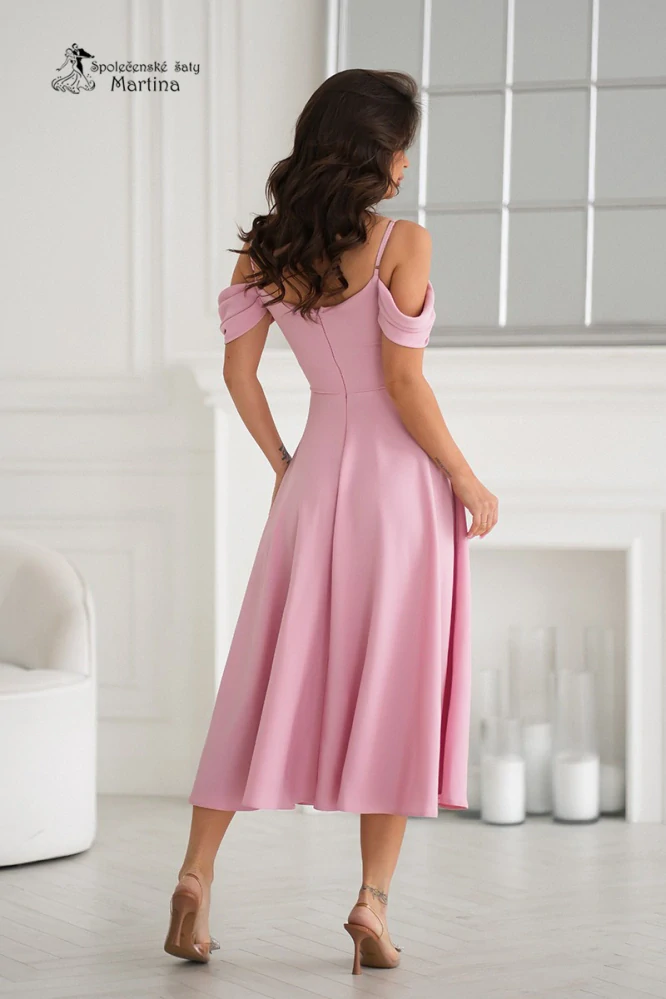 Růžové hladké midi šaty "Sunshine" se spadenými ramínky - vel. 34