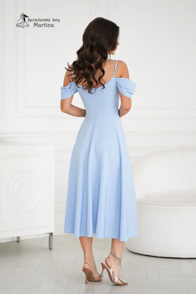 Světle modré hladké midi šaty "Sunshine" se spadenými ramínky - vel. 36