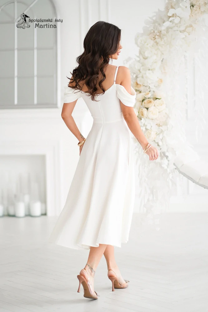 Ecru svatební či popůlnoční midi šaty "Sunshine" se spadenými ramínky