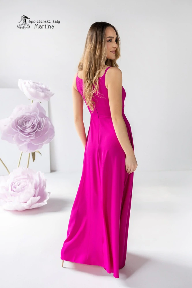 Fuchsiové hladké společenské šaty "Stella" s rozparkem a výstřihem vepředu