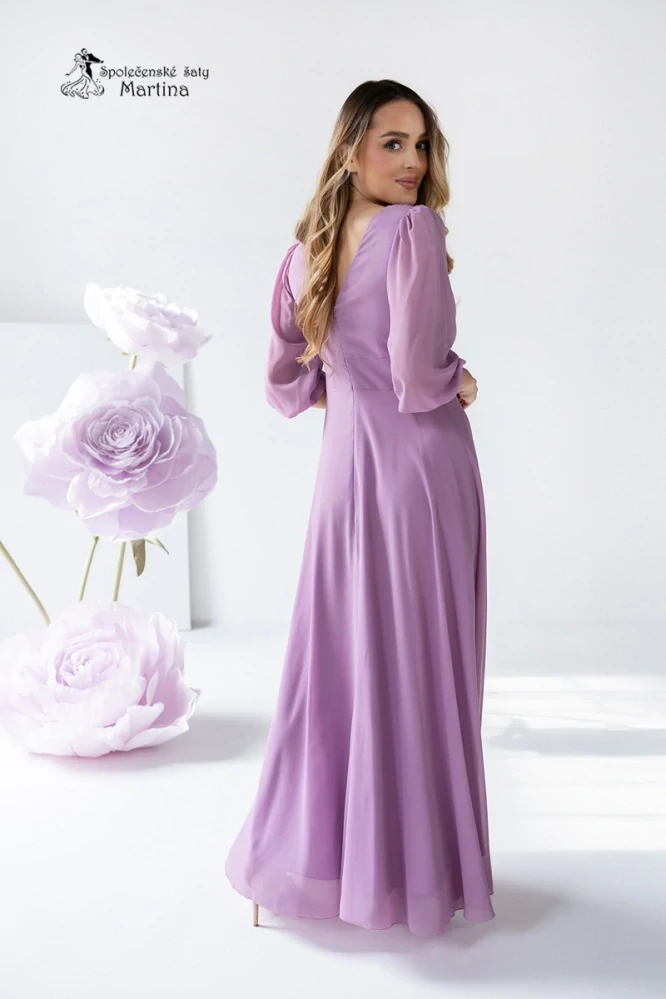 Lila dlouhé asymetrické šifonové šaty "Abigail" s ¾ rukávem