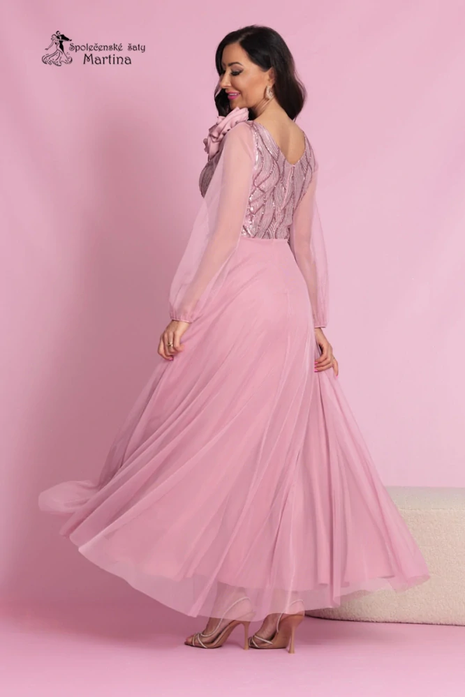 Pudrově růžové plesové šaty s dlouhými tylovými rukávy a sukní "Saffron" - vel. 36